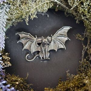 Gothic Cat With Bat Wings Hair Clip, Silver Color, Great Hold, Sturdy